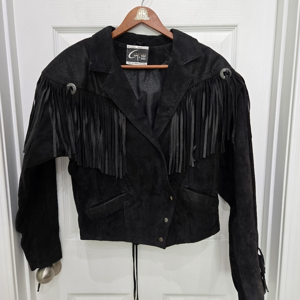 VTG Global Identity G-III Black Suede Jacket Fringe Woman Size Medium 80s-90s